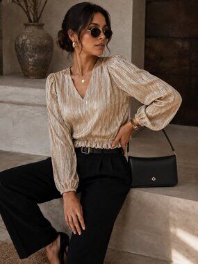 Chenault Gold Metallic Pleated Blouse NWT Loose Fit Elegant Top